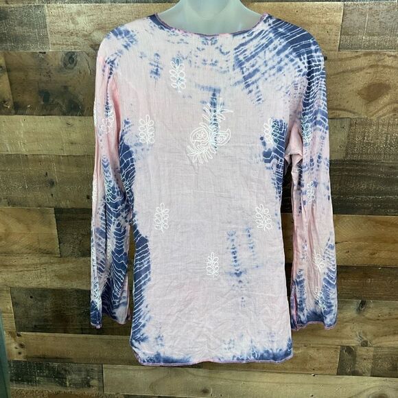 Studio C Blouse Boho V Neck Pink Blue Tie Dye Sequins Floral Embroidery Small - Picture 11 of 13